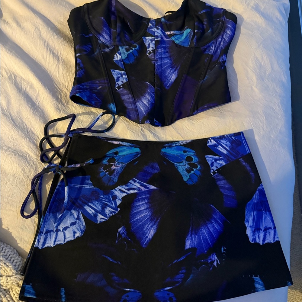 White Fox Boutique Black and Blue Butterfly Mini Skirt